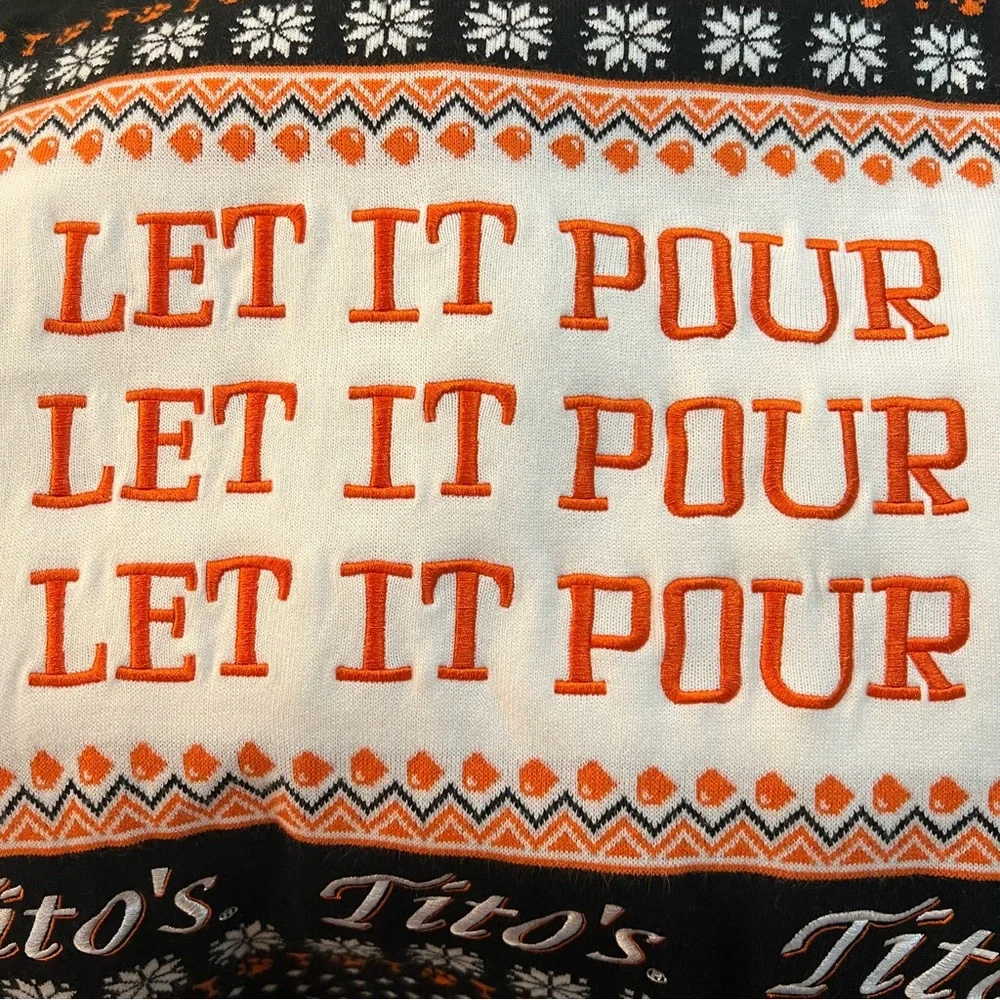 Tito's Festive Christmas Sweater with Black &‎ Orange Accents. Size Medium.